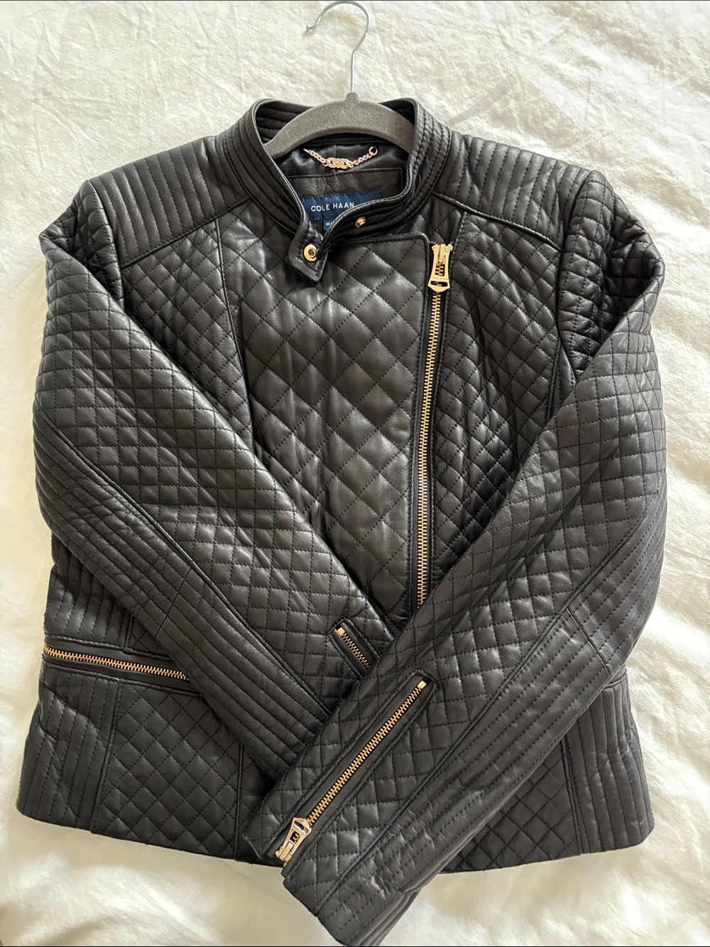 Cole Haan Black Quilted Leather Moto Jacket with Gold Hardware